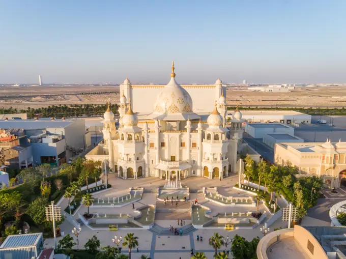 Aerial view of Indian styled building in Bollywood Parks Dubai, UAE.