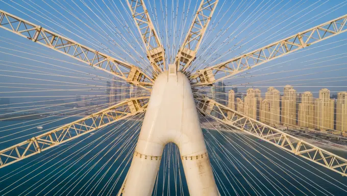 Aerial view of the Ferris wheel under construction on Bluewaters island in Dubai.