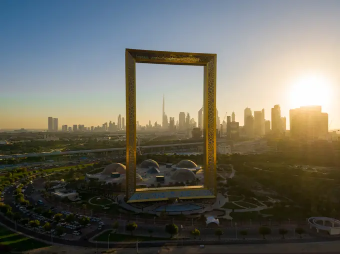 Aerial view of Dubai frame landmark during the sunset, Dubai, U.A.E