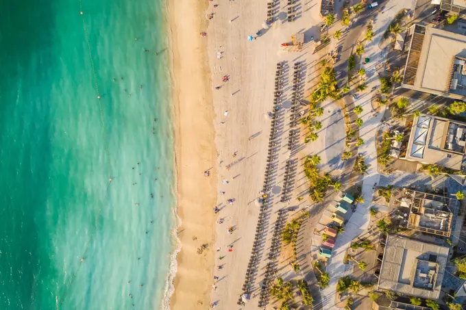 Aerial view of a luxury beach with palm trees, Dubai, U.A.E.