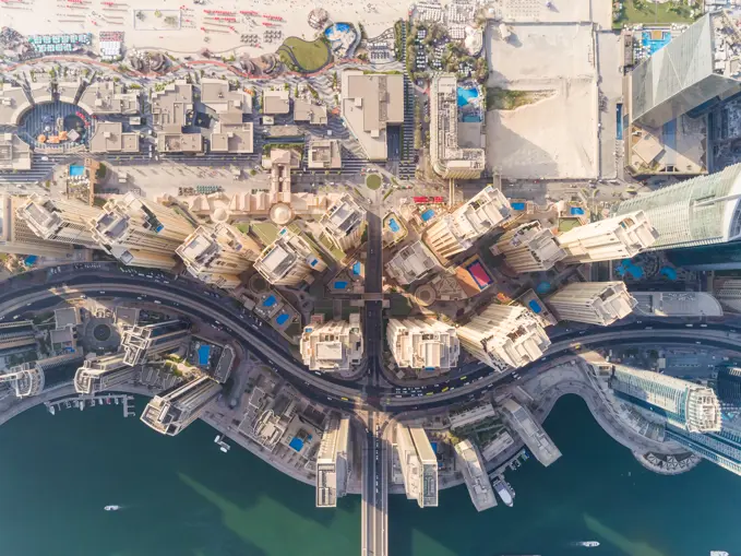 Aerial view of buildings in Dubai Marina, Dubai, United Arab Emirates