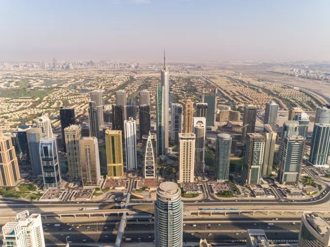 Aerial view of buildings in Dubai Marina, Dubai, United Arab Emirates