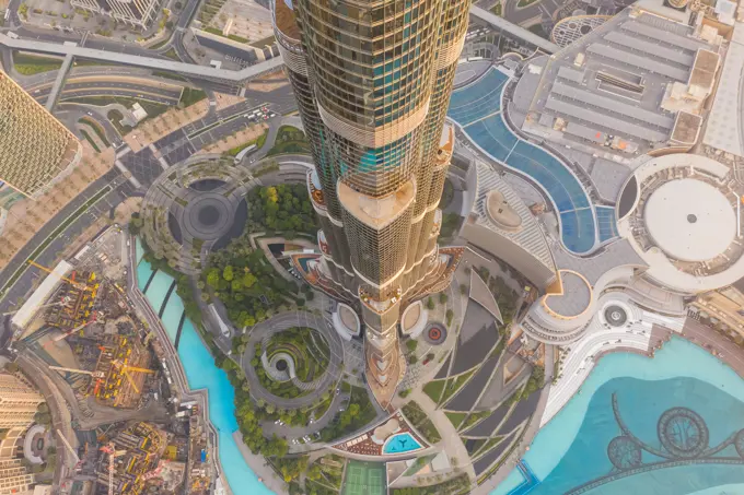 Aerial view of the Burj Khalifa building, Dubai, United Arab Emirates