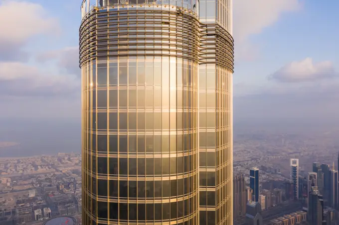 Aerial view of the Burj Khalifa building, Dubai, United Arab Emirates