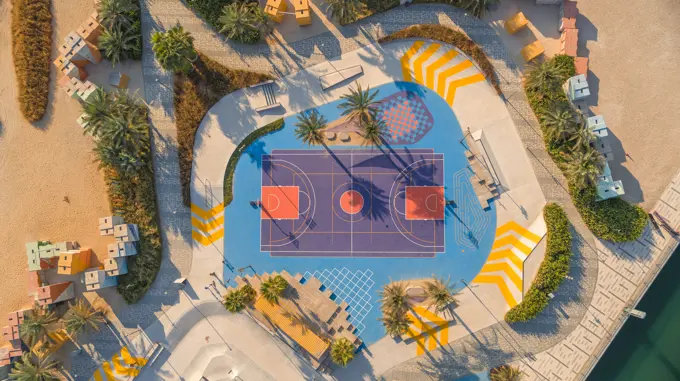 Aerial view of a Basketball playground at the Skate Park the Block along Dubai Creek, Dubai, United Arab Emirates.