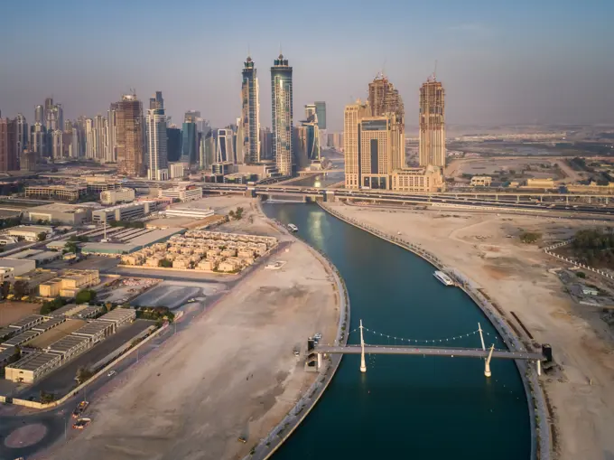 Aerial view of Dubai canal and Skyscrapers in U.A.E.