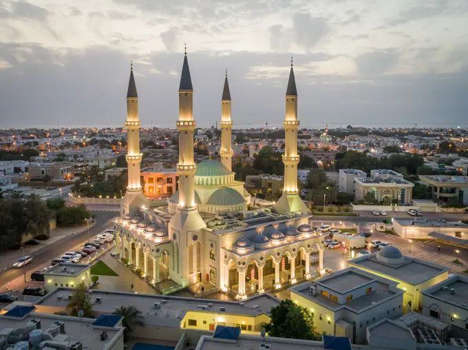 Aerial view of Al Farooq Omar Bin Al Khattam Mosque in Dubai, UAE.