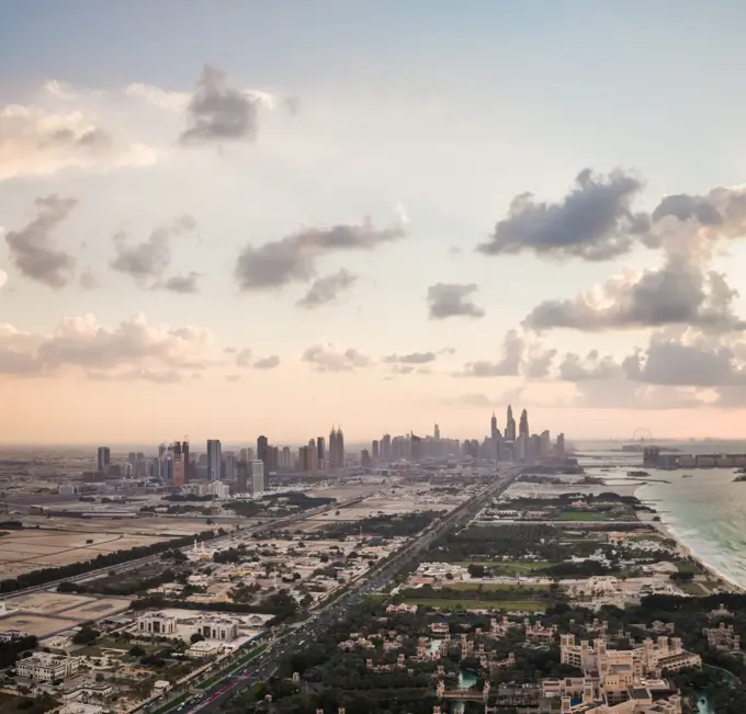 Aerial view of the skyscrapers from the suburb of Dubai, U.A.E.