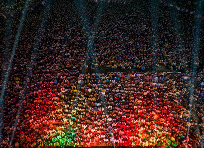 Aerial view of football fans watching football World Cup in the giant screen in Dhaka University Playground, Dhaka, Bangladesh.