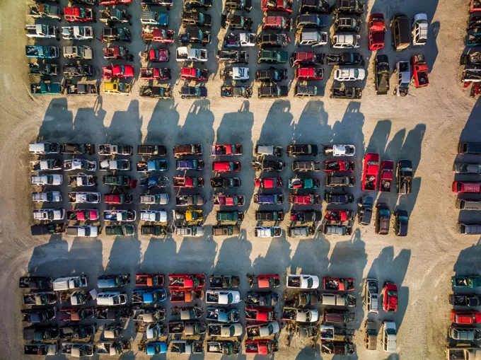 Aerial view of old cars parked on terrain, Chicago, USA.