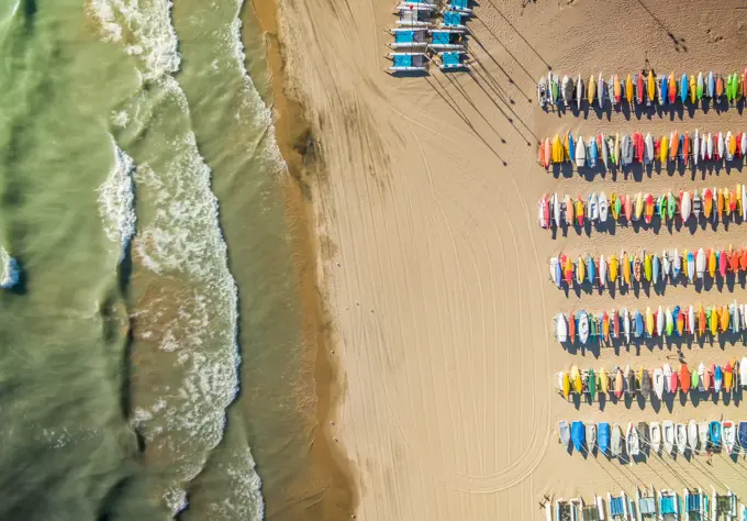 Aerial view of colorful kayak at Gilson Beach, Wilmette, USA.