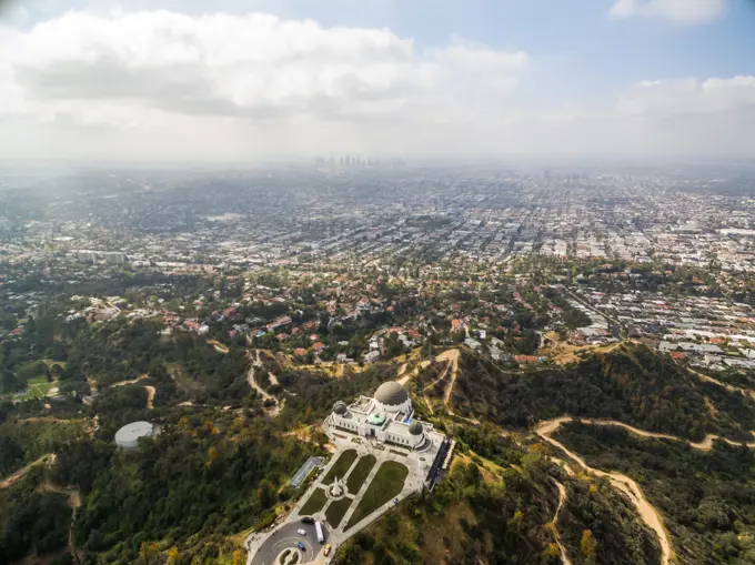 Aerial view of Griffith Observatory with Los Angeles in the background, USA.