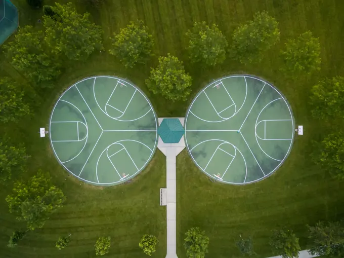 Aerial view of public basketball at public park, Chicago, USA.