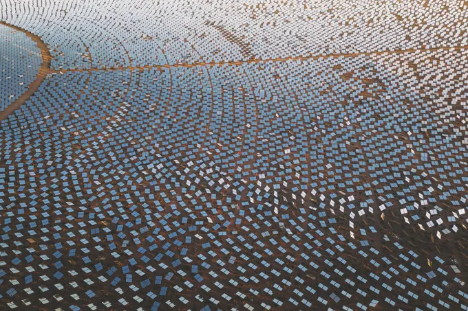 Aerial view of a concentrated solar thermal plant at sunrise, Mojave Desert, California, near Las Vegas, United States.