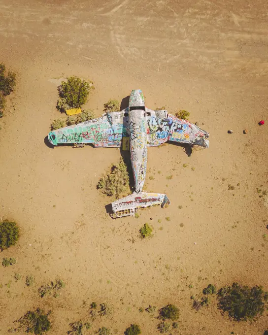 Nevada, USA - 02 May 2023: Aerial view of an abandoned airplane near Beatty, Nevada, United States.