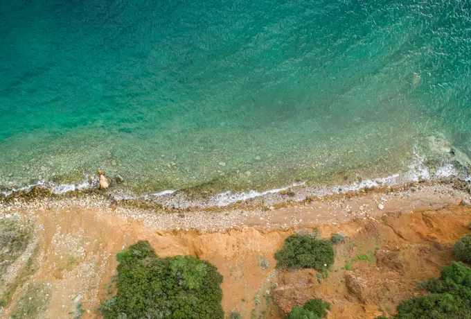 Aerial view of the empty beach at Fokida, Greece