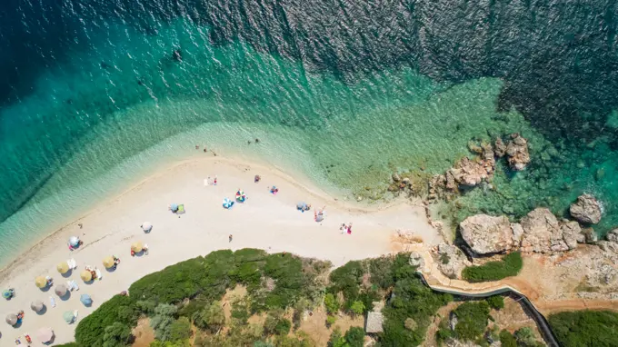 Aerial view of a beach on Agios Ioannis, Greece.