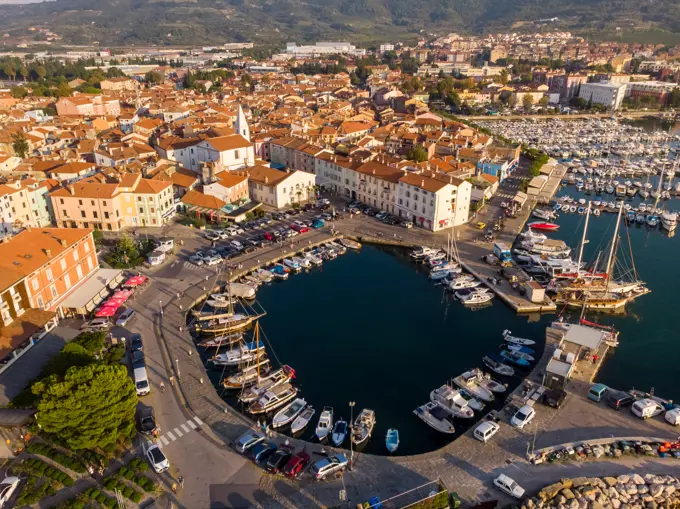 Aerial view of boat at small marina in Izola, Slovenia.