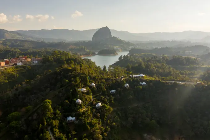 Aerial view of Bosko with Piedra del Penol in the background, Guatapé, Antioquia, Colombia