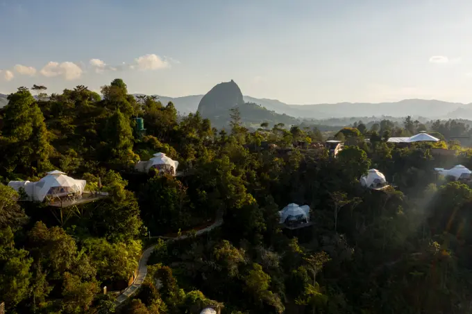 Aerial view of Bosko with Piedra del Penol in the background, Guatapé, Antioquia, Colombia