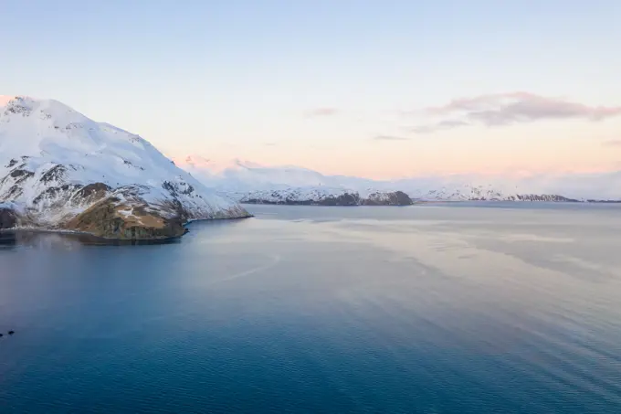 Aerial view of snow covering Amaknak Island, Unalaska, AK, USA.