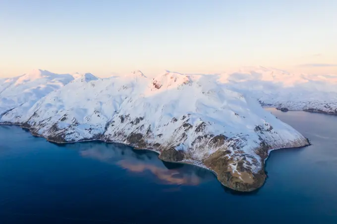 Aerial view of snow covering Amaknak Island, Unalaska, AK, USA.