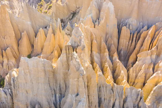 Aerial view of Clay Cliffs, touristic destination at Otago, New Zealand.