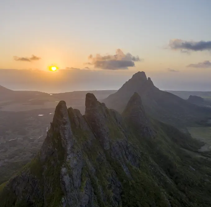 Aerial view of a Trois Mamelles, a mountain peak view during sunset near Vacoas Phoenix, Mauritius.