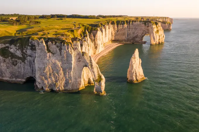 Aerial view of Falaise d'Aval on the shore of Normandy, Etretat, France