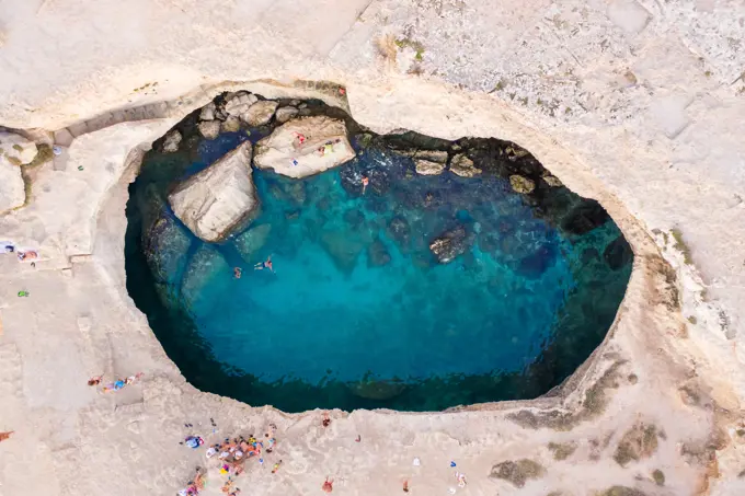 Aerial view of a water crater in Madonna di Rocca Vecchia, Province of Lecce, Italy