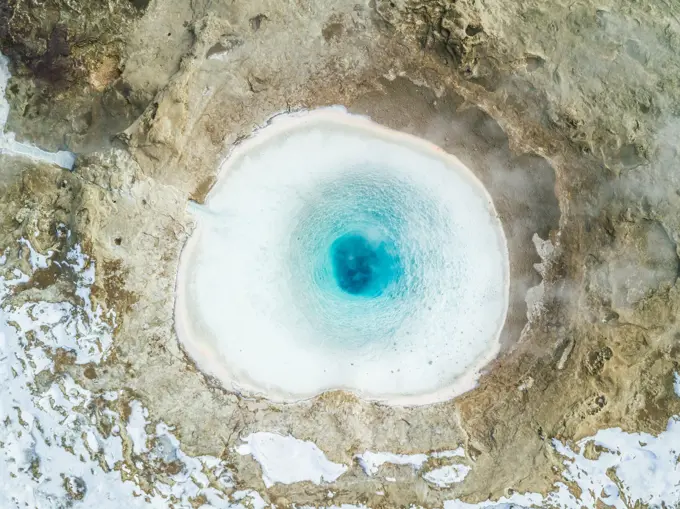 Aerial view of Strokkur geysir in Iceland.