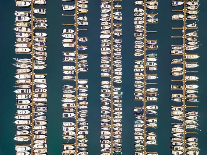 Aerial close up view of boats in Smith Cove, Elliot Bay in Seattle, USA.