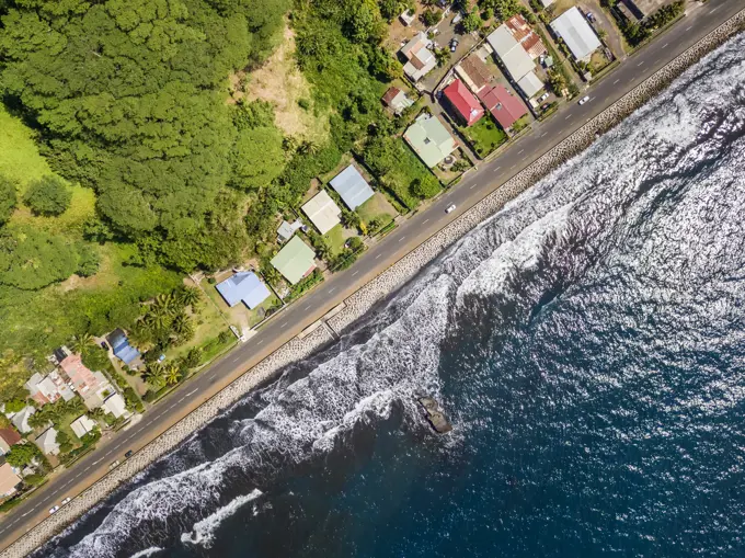 Aerial view of Tahiti coastline in French Polynesia.