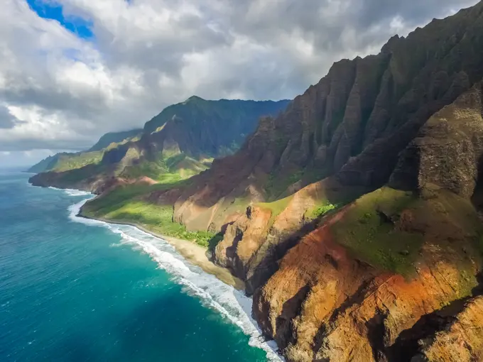 Aerial view of The Nā Pali Coast state Park in Hawaii, USA.