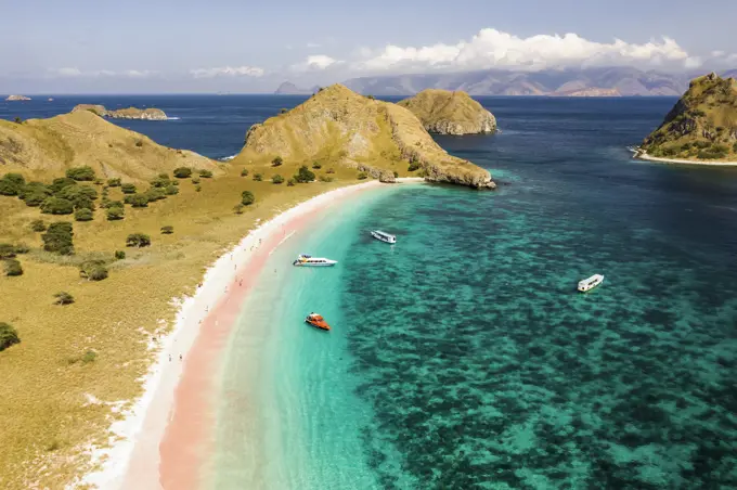 Aerial view of Pink Beach in Komodo National Park in Indonesia.