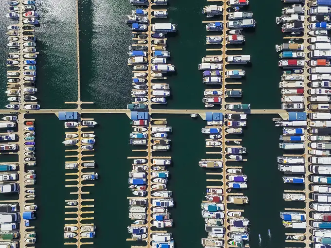 Aerial view of an harbour in Wahweap bay in Arizona, USA.