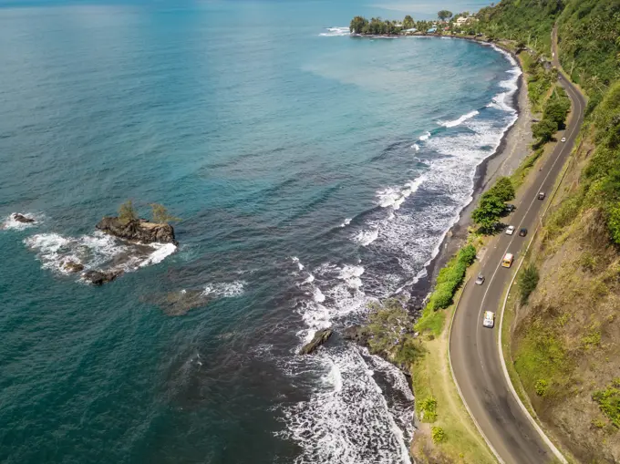 Aerial view of Tahiti coastline in French Polynesia.