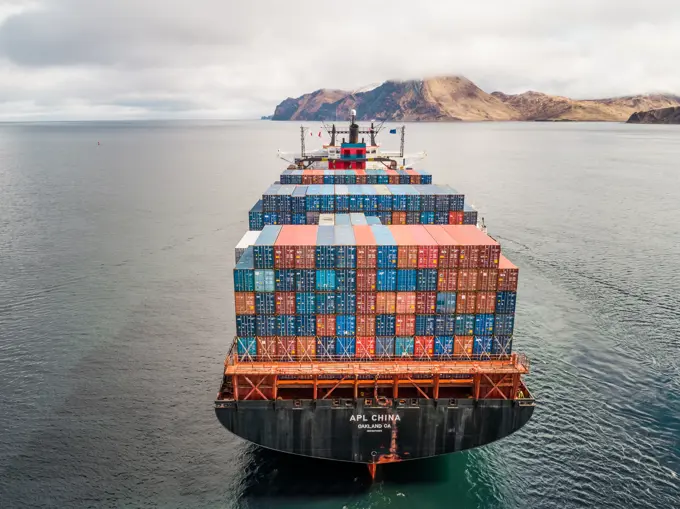 Aerial view of a shipping boat in Unalaska bay, USA