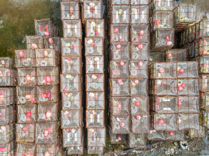 Aerial view of fishing cage in an harbour in Alaska.