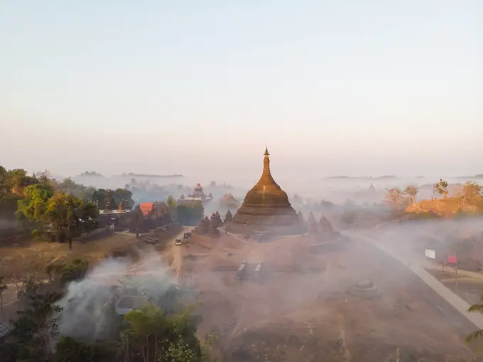 Aerial view of Mrauk-U pagoda in Myanmar.