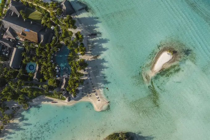 Aerial view of a beach along the coast in Bora Bora island, French Polynesia.