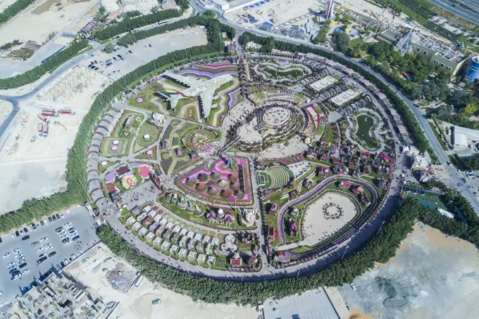 Aerial view of Dubai Miracle garden, Dubai, United Arab Emirates.