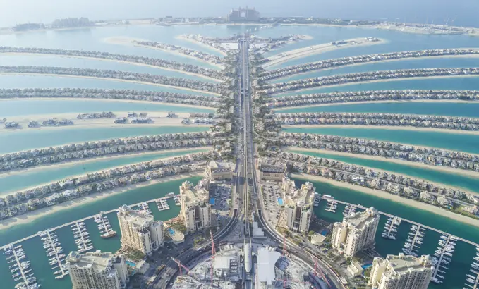 Aerial view of the Palm Jumeirah, Dubai, United Arab Emirates.