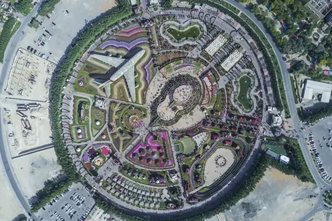 Aerial view of Dubai Miracle garden, Dubai, United Arab Emirates.