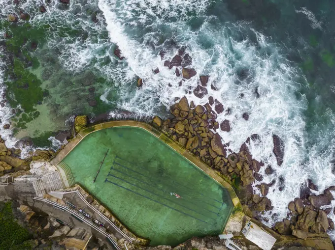 Aerial view of Bronte Baths, an oceanside saltwater pool, Sydney, New South Wales, Australia.