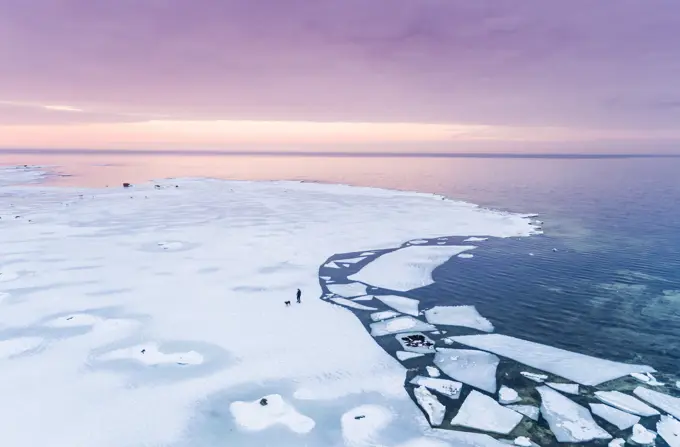 Aerial view of a man walking his dog on the frozen sea in Muraste at sunset, Estonia.