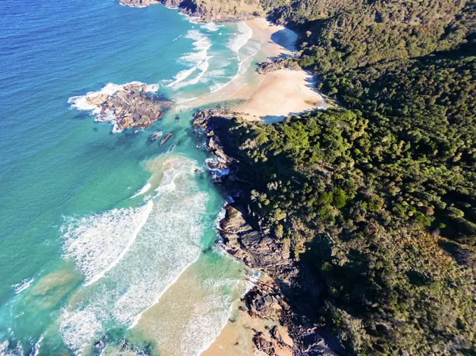 Aerial view looking straight down on North Smokey Beach, Arakoon National Park, New South Wales, Australia