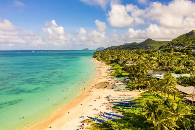 Aerial view of Lanikai Beach, Kailua Bay, Oahu, Hawaii, USA