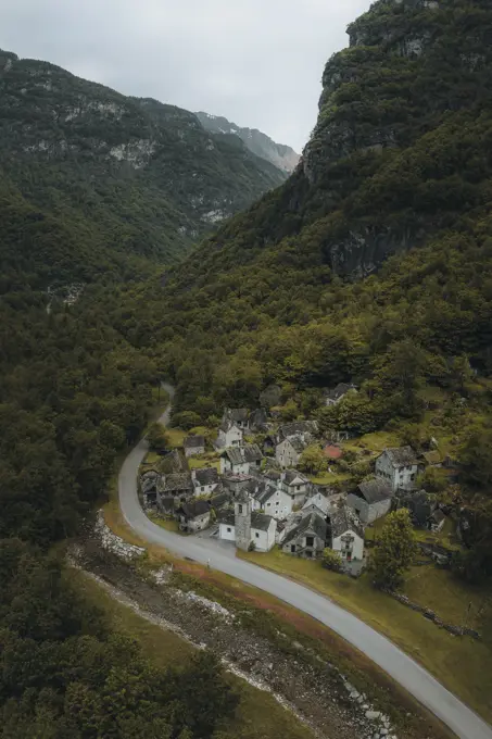 Aerial drone view of the stone village of Ritorto in Valmaggia, Maggia, Switzerland.