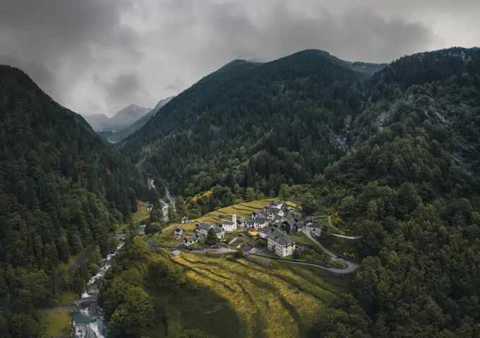 Aerial drone view of the stone village of Corino, Cerentino, Valmaggia, Switzerland.